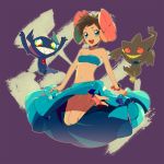 1girl bandeau banette bikini blue_eyes bracelet brown_hair dark_skin elite_four flower fuyou_(pokemon) ghost hair_flower hair_ornament happy jewelry midriff navel open_mouth pokemon pokemon_(game) pokemon_rse sableye skirt strapless swimsuit tubetop ucchii