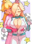 2_girls belt biker_clothes bikesuit blonde_hair blue_eyes blush bodysuit breasts cleavage closed_eyes gloves long_hair mario_(series) nintendo one_eye_obstructed princess_peach princess_rosalina rosalina scarf skin_tight super_mario_bros. tight_clothing toxichica unzipped unzipped_bodysuit yuri zipper