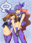 2_girls 2girls :d bandana bandanna black_gloves blush breasts brown_hair cleavage collarbone cosplay female from_behind gloves groin haruka_(pokemon) holding holding_poke_ball hug hug_from_behind hugging izumi_(pokemon) izumi_(pokemon)_(cosplay) kuromiya long_hair looking_at_viewer may midriff mound_of_venus multiple_girls naughty_face navel neck open_mouth orange_eyes pants pink_hair poke_ball pokemon pokemon_(game) pokemon_rse red_eyes red_hair short_hair smile standing tank_top team_aqua team_aqua_(cosplay) torso_grab vest yuri