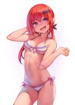  1girl 1girl :3 :d arm_up ataruman bikini breasts cleavage commentary_request contrapposto cowboy_shot fang front-tie_bikini_top front-tie_top gabriel_dropout high_res long_hair looking_at_viewer low_twintails navel open_mouth photoshop_(medium) purple_eyes red_hair satanichia_kurumizawa_mcdowell side-tie_bikini_bottom simple_background small_breasts smile striped striped_bikini swimsuit twin_tails white_background 