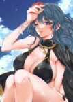  1girl 1girl alluring big_breasts bikini black_cape blue_eyes breasts byleth_(female) byleth_(fire_emblem) byleth_(fire_emblem)_(female) cape feet_out_of_frame fire_emblem fire_emblem:_three_houses green_hair hair_ornament high_res knees_up legs mokichi_xx nintendo one_eye_closed ribbon short_hair sitting swimsuit 