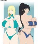 1girl 2_girls adult age_difference arm_under_breasts big_breasts bikini black_hair blonde_hair blue_eyes blunt_bangs bob_cut breasts breasts_bigger_than_head center_opening cleavage female_only floral_print green_eyes hime_cut huge_breasts multiple_girls naruto naruto_(series) naruto_shippuden older_female one-piece_swimsuit oppai ponytail sagging_breasts samui shizuka_(naruto) short_hair side-tie_bikini strapless_bikini swimsuit take_your_pick teen tenshin-ta thick_thighs tied_hair voluptuous younger_female