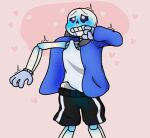 1boy 2020s 2021 animated_skeleton blue_hoodie blue_jacket bonerut bottom_sans bulge clothed crying crying_with_eyes_open erection_under_clothes glowing glowing_genitalia heart hooded_jacket hoodie jacket male male_only monster pink_background sans sans_(undertale) skeleton solo solo_male submissive tears uke_sans undead undertale undertale_(series)