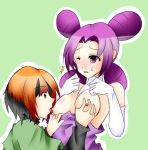  2_girls 2girls art artist_request babe bare_shoulders between_breasts big_breasts black_hair blush breast_grab breast_lick breast_sucking breasts breasts_out breasts_outside brown_eyes creatures_(company) elbow_gloves fantina_(pokemon) female game_freak gardenia ghost_type_trainer gloves green_background gym_leader humans_of_pokemon large_breasts licking long_sleeves looking_at_another looking_down melissa_(pokemon) moaning multiple_girls natane_(pokemon) nintendo nipples open_mouth orange_hair pale_skin pigtails pokemon pokemon_(anime) pokemon_(game) pokemon_diamond_pearl_&amp;_platinum pokemon_dppt purple_dress purple_eyes purple_hair quadtails sagging_breasts short_hair simple_background sweat tongue tongue_out turtleneck two-tone_hair undressing violet_eyes violet_hair white_gloves wince yuri 