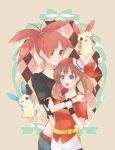  2_girls 2girls arm arm_grab arms art artist_request asuna_(pokemon) bag bandana belt blue_eyes blush brown_eyes brown_hair female flannery game_freak gloves gym_leader hair_over_one_eye hands_on_another&#039;s_shoulder hands_on_shoulder happy haruka_(pokemon) heart height_difference hug hugging humans_of_pokemon jeans looking_at_another looking_at_viewer love may_(pokemon) midriff minun multiple_girls neck nintendo open_mouth pants plusle pokemon pokemon_(anime) pokemon_(game) pokemon_diamond_pearl_&amp;_platinum pokemon_dppt pokemon_rse ponytails quadtails red_hair ribbon shirt short_hair smile wink yuri 