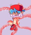  1boy 2d 2d_(artwork) blue_hair boyfriend_(friday_night_funkin) clothed crying crying_with_eyes_open digital_media_(artwork) friday_night_funkin human male male_only red_shoes red_sneakers red_tentacles shoes simple_background sneakers solid_color_background solo_male tears tentacle_on_nipple tentacle_rape tentacle_sex tentacles_around_arms tentacles_around_legs tentacles_on_male unknown_artist video_game_character video_games wet 