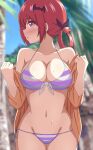  1girl 1girl absurd_res bat_hair_ornament big_breasts bikini blush breasts collarbone commentary day gabriel_dropout hair_ornament hair_ribbon halterneck high_res looking_at_viewer navel open_mouth outside poa_mellhen purple_eyes red_hair ribbon satanichia_kurumizawa_mcdowell side-tie_bikini_bottom string_bikini striped striped_bikini sweat swimsuit 