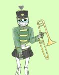  1boy 2010s animated_skeleton blue_blush blush bottom_sans clothed crossdressing eli-sin-g embarrassed green_background hat kolesjoie looking_away male male_only monster musical_instrument sans sans_(undertale) simple_background skeleton skirt solid_color_background solo solo_male trombone uke_sans undead undertale undertale_(series) uniform 