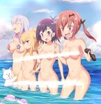 4girls ahoge bat_hair_ornament big_breasts bikini bikini_top_only bikini_top_removed blonde_hair blush body_blush breasts censored censored_nipples character_censor closed_eyes cloud collarbone commentary_request cross_hair_ornament day dog dog_(gabriel_dropout) eyes_visible_through_hair fang gabriel_dropout gabriel_tenma_white groin hair_ornament hairclip hands_on_own_hips light_censor long_hair medium_breasts multiple_girls mushi_gyouza novelty_censor nude ocean open_mouth outside pasties ponytail purple_eyes purple_hair raphiel_shiraha_ainsworth red_eyes red_hair round_teeth satanichia_kurumizawa_mcdowell sea_cucumber side_ponytail skinny_dipping sky small_breasts small_breasts star_censor starfish starfish_bikini striped striped_bikini swimsuit teeth vignette_tsukinose_april wading wardrobe_malfunction water wavy_mouth x_hair_ornament