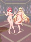 2girls alluring alternative_costume animal_ears areola big_breasts blonde blush breasts bunnysuit covered_navel dual_persona easter high_resolution holding_hands indoors leotard long_hair looking_at_viewer louise_(ydgv2724) medium_breasts multiple_girls multiple_persona mythra_(xenoblade) nipples nude pose pyra_(xenoblade) red_eyes red_hair short_hair smile thighs very_long_hair xeno_(series) xenoblade_(series) xenoblade_chronicles_2 yellow_eyes