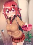  1girl absurd_res bat_hair_ornament big_breasts black_shirt blush box breasts cardigan collared_shirt commentary cross door fang gabriel_dropout gift gift_box greatmosu hair_ornament hair_rings heart-shaped_box high_res incoming_gift inverted_cross neck_tie open_mouth plaid plaid_skirt plant potted_plant red_hair satanichia_kurumizawa_mcdowell sfw shirt skirt standing tsundere v-shaped_eyebrows valentine 