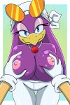  1boy 1girl anthro areola avian beak big_breasts bird blue_eyes breast_grab breasts clothed clothing eyewear female_focus furry headgear hedgehog huge_breasts interspecies looking_at_viewer male_pov nipples offscreen_character pov purple_body sega smile solo_focus sonic_riders sonic_the_hedgehog sonic_the_hedgehog_(series) sonicguru swallow_(bird) topless topless_anthro topless_female wave_the_swallow 