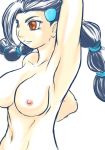 1girl arm arm_up armpits arms art artist_request babe bare_shoulders big_breasts black_hair breasts brown_eyes candice candice_(pokemon) cleavage collarbone female gym_leader hair hair_ornament large_breasts long_hair low_twintails navel neck nintendo nipples nude pokemon pokemon_(anime) pokemon_(game) pokemon_dppt simple_background smile solo suzuna_(pokemon) white_background