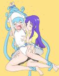 2girls aizawa_chizuru arm armpits arms arms_up art artist_request bare_legs barefoot bdsm blue_hair blush bondage bound closed_eyes dress dress_lift feet female friends hair ikamusume laugh laughing legs multiple_girls mutiple_hands neck open_mouth panties purple_hair shinryaku!_ikamusume simple_background tears tentacle_hair tickled tickling tied_up underwear white_panties yellow_background yuri