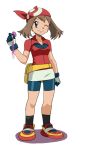  1girl bad_id bandana bandanna bike_shorts blue_eyes brown_hair condom gloves haruka_(pokemon) nintendo pokemon ryunryun simple_background solo used_condom white_background 