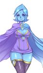  1girl alternate_breast_size alternate_legwear blue_eyes blue_hair blue_skin breasts cape cleavage covered_nipples dress erect_nipples facial_mark fi fishnet fishnets forehead_mark highres large_breasts legwear maniacpaint minidress nintendo no_arms plump short_dress short_hair skyward_sword smile solo stockings the_legend_of_zelda the_legend_of_zelda:_skyward_sword thighhighs 