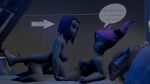 1futa 1girl 3d bed bedroom blue_hair dc_comics futanari futanari_on_female imminent_sex jinx nipples nude purple_hair raven_(dc) simple_smut small_breasts source_filmmaker speech_bubble teen_titans young_adult