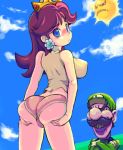  1girl angry_sun ass blue_eyes blush boyshorts breasts brown_hair crossed_arms crown earrings evil_grin evil_smile grin impossible_clothes impossible_shirt jewelry large_breasts long_hair looking_back lowres luigi nintendo princess_daisy red9_(isktmz) sky smile sun super_mario_bros. 