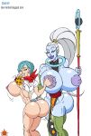  2_girls bedroom_eyes big_ass blue_eyes blue_skin bulma_brief dragon_ball_super gigantic_breasts green_hair hourglass_figure purple_eyes staff sun1sol vados white_hair yuri 