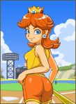 1girl ass baseball baseball_bat blue_eyes brown_hair cloud crown earrings jewelry looking_at_viewer looking_back luigi nintendo princess_daisy short_hair shorts signature sleeveless smile super_mario_bros. super_mario_land