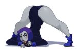 1girl annoyed ass ass_up big_ass blush bob_cut boots clothed comic dc_comics female_only forehead_jewel frown grey_skin jack-o_pose jackochallenge leotard plain_background purple_hair raven_(dc) ravenemore short_hair smooth_skin spread_legs teen_titans thick_eyebrows top-down_bottom-up white_background