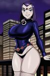 1girl ai_generated cityscape dc_comics fishnet_stockings grin huge_breasts night_sky purple_hair purple_shirt raven_(dc) short_hair solo_female teen_titans thick_thighs young_adult