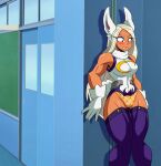 1girl bunny_ears childish_panties dark-skinned_female embarrassed embarrassed_underwear_female embarrassing euf female_only hero_outfit_(mha) imsomethingradical leotard locker_room miruko my_hero_academia panties red_eyes rumi_usagiyama white_hair