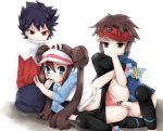 1girl 2boys artist_request black_hair blue_eyes blush brown_eyes censored clothed_sex double_bun fellatio group_sex hat hue_(pokemon) kyouhei_(pokemon) mei_(pokemon) midriff multiple_boys navel nintendo oral panties panties_aside pantyhose pink_panties pixiv_manga_sample pokemon pokemon_(game) pokemon_bw2 red_eyes sex spitroast tilapiacanth underwear vaginal visor_cap