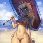 1girl 1up beach bikini blonde_hair blue_eyes breasts choker cleavage collarbone crown curvy earrings face hips jewelry long_hair looking_at_viewer lowleg lowleg_bikini mario_(series) micro_bikini mushroom nail_polish navel nintendo pink_nails princess_peach print_bikini red_bikini saejin_oh saejinoh shade side-tie_bikini smile solo super_mario super_mario_bros. swimsuit thigh_gap thighs toned umbrella underboob water wide_hips