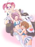 3girls brown_hair cheerleader female multiple_girls pink_hair purple_hair racecar tickling twintails