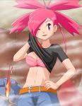  1_girl 1girl asuna_(pokemon) blush bra female flannery_(pokemon) gym_leader humans_of_pokemon lingerie magcargo no_nipples pokemoa pokemon pokemon_(species) ponytail shirt_lift soara steam sweat wet_pants wink 