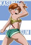  1girl ass bare_legs blush breasts cleavage creatures_(company) curvy female_focus game_freak highres hikawadou humans_of_pokemon kasumi_(pokemon) looking_at_viewer misty_(pokemon) nintendo open_mouth orange_hair poke_ball pokemon pokemon_(anime) shiny shiny_skin short_shorts shorts side_ponytail smile solo 