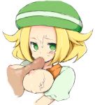  1girl bel_(pokemon) bell_(pokemon) blonde_hair breasts censored cum cum_on_body cum_on_breasts cum_on_upper_body facial fellatio green_eyes hat nakamura_sandayo nintendo nipples oekaki oral paizuri penis pokemon pokemon_(game) pokemon_black_and_white pokemon_bw simple_background solo solo_focus white_background 