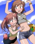  2girls belly blush brown_eyes brown_hair female hair highres kakkii midriff misaka_mikoto multiple_girls navel saliva shirai_kuroko shorts sleeveless sleeveless_turtleneck tickle tickling to_aru_kagaku_no_railgun to_aru_majutsu_no_index turtleneck yuri 