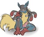  1boy 1male animal_genitalia cum erection knot lucario male male_only mega_evolution mega_lucario nintendo penis pokemon sitting testicles video_games white_background 