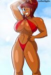 1girl abs atomickingboo beach bikini blue_eyes breasts cleavage multiple_boys muscular_female paulinda_sherwoods ponytail red_hair shiny shiny_skin smile solo_female solo_focus sweat wink