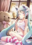 1girl aged_down aqua_hair areola_slip areolae bare_shoulders blue_eyes blush collarbone curtains female_only food hair_ornament high_res ice_cream kneehighs kuinji_51go long_hair looking_at_viewer miku_hatsune shorts sitting solo_female striped striped_legwear stuffed_animal stuffed_toy sunlight teddy_bear tongue tongue_out twintails very_long_hair vocaloid window