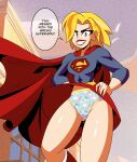  1girl 2022 accidental_exposure animal_print_panties ass_visible_through_thighs blonde_hair blue_eyes childish_panties cute dc_comics dc_super_hero_girls dialogue embarrassed embarrassed_underwear_female embarrassing euf female_only imsomethingradical kara_danvers kara_zor-el kryptonian light-skinned_female looking_at_viewer panties printed_panties pussy_juice rabbit_print skirt speech_bubble supergirl thick_thighs upskirt wide_hips 