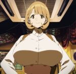  1girl 1girl 1girl big_breasts blonde_hair breasts clothed_female energy_gun female_focus female_only gloves huge_breasts long_sleeves looking_at_viewer looking_down massive_breasts narusawa_ryouka occultic;nine pov pov_eye_contact screencap shirt short_hair skirt smaller_male smile solo_female solo_focus stitched tagme taller_female taller_girl teen white_shirt yellow_eyes 