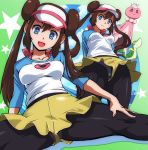  1girl :d black_legwear blue_eyes breasts brown_hair crotch_seam double_bun frillish hat legwear_under_shorts long_hair mei_(pokemon) nintendo open_mouth panties panties_under_pantyhose pantyhose pokemon pokemon_(game) pokemon_bw2 raglan_sleeves shorts smile snivy solo spread_legs thighs twintails underwear upshorts visor_cap white_pupils yuya 