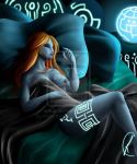 1girl arm arms art artist_request babe bare_legs bare_shoulders bed bed_sheet breasts closed_eyes covering eyeshadow female grey_skin hair legs lips lipstick long_hair lying makeup midna neck nintendo nipples nude nude_cover on_back orange_hair pillow sleeping solo the_legend_of_zelda twili_midna twilight_princess