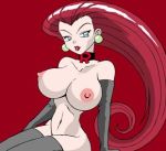 blue_eyes breasts earrings gloves jessie jewelry large_breasts lipstick long_hair lowres makeup musashi_(pokemon) nipples pokemon red_hair reynard team_rocket thighhighs