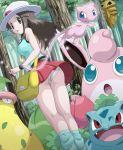 1girl ass bag blue_(pokemon) dutch_angle forest from_behind grey_eyes grey_hair hat ivysaur kakuna kneepits leaf_(pokemon) legs long_hair looking_at_viewer looking_back messenger_bag mew miniskirt nature nintendo panties pantyshot pantyshot_(standing) poke_ball pokemoa pokemon pokemon_(game) pokemon_firered_and_leafgreen pokemon_frlg pokemon_rgby shoulder_bag skirt soara standing trefoil underwear upskirt victreebel white_panties wigglytuff