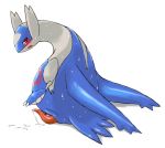  back_turned blush cum cum_splatter feral latios legendary_pokemon looking_at_viewer male nintendo open_mouth penis plain_background pokemon red_eyes solo sweat tapering_penis video_games white_background wkar 