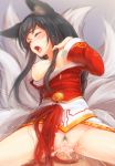  1boy 1girl ahri animal_ears bell black_hair blush bottomless braid breasts breasts_apart breasts_outside closed_eyes clothed_female_nude_male clothed_sex cowgirl_position cum cum_in_pussy dress drooling facial_mark fang fox_ears fox_tail fucked_silly girl_on_top hair hetero highres kerasu league_of_legends long_hair moaning motion_lines multiple_tails nipples no_bra open_mouth orgasm overflow pokemon pov pubic_hair pussy ricegnat saliva sex shiny shiny_skin solo_focus spread_legs straddling strapless_dress sweat tail tears thighs tongue tongue_out trembling uncensored vaginal whisker_markings 