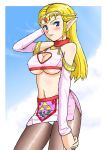  1girl alluring bare_shoulders blonde_hair blue_eyes blush breasts cleavage cleavage_cutout crown detached_sleeves elbow_gloves erect_nipples gloves hat konpeto lala-kun long_hair midriff miniskirt nintendo ocarina_of_time panties pantyhose pointy_ears princess_zelda skirt solo super_smash_bros_melee the_legend_of_zelda tiara triforce underboob underwear white_border zelda 