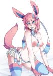 animal_ears anthro anthrofied blue_eyes breasts eeveelution eyebrows female human hybrid leicarna_(artist) light-skinned_female light_skin long_ears nintendo panties pokemon ribbons semi-furry solo stockings sylveon topless underwear video_games