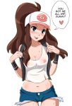 1girl blue_eyes blush breasts brown_hair cameltoe cleavage denim denim_shorts hat heart long_hair missnips mound_of_venus navel nintendo nipples no_bra pokemon pokemon_(game) pokemon_bw ponytail see-through sexually_suggestive shirt shorts simple_background smile solo spoken_heart standing sweat thigh_gap touko_(pokemon) translated vest wedgie wet wet_clothes wet_shirt