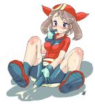  1girl artist_request bandana bandanna bike_shorts blue_eyes blush breasts brown_hair bulge cum cum_in_clothes cum_on_clothes cum_through_clothes ejaculation finger_in_mouth footwear full_body futanari game_freak gloves handjob haruka_(pokemon) humans_of_pokemon masturbation may_(pokemon) nintendo orgasm penis pokemon pokemon_(anime) pokemon_diamond_pearl_&amp;_platinum pokemon_dppt shoes simple_background sitting skin_tight socks solo sweat 