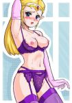  1girl aliasing armpits arms_up blonde_hair blue_eyes blush bra breastless_clothes breastless_clothing breasts crown cupless_bra doubleasterisk elbow_gloves garter_belt garter_straps gloves half hat konpeto lala-kun lingerie long_hair looking_at_viewer lowres navel nintendo nipples ocarina_of_time oekaki panties pink_gloves pointy_ears princess_zelda purple_bra purple_legwear purple_panties purple_thighhighs shelf_bra solo standing sweat the_legend_of_zelda thighhighs thong tiara underwear underwear_only zelda 